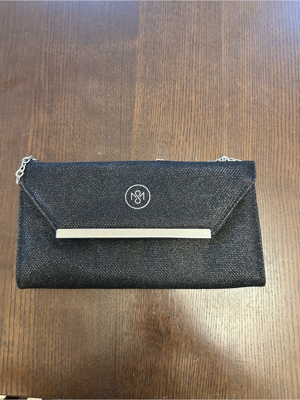 Source Unknown Black Glitter Envelope Clutch with Silver Bar